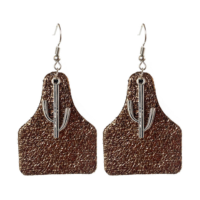 Textured Leather Earrings with Cross, Cactus, and Cow Tag Design