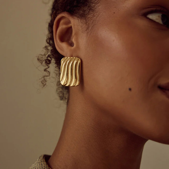 Vintage Ribbed Rectangular Earrings - High-End Stainless Steel Jewelry for Women - wallojewerly 