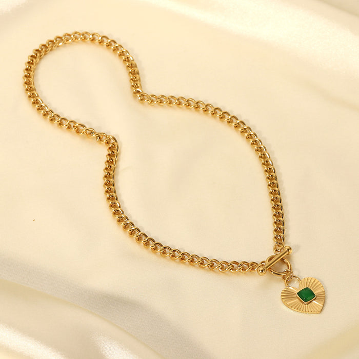 18K Gold-Plated Heart Pendant Necklace with Green Agate - Women's Fashion Jewelry