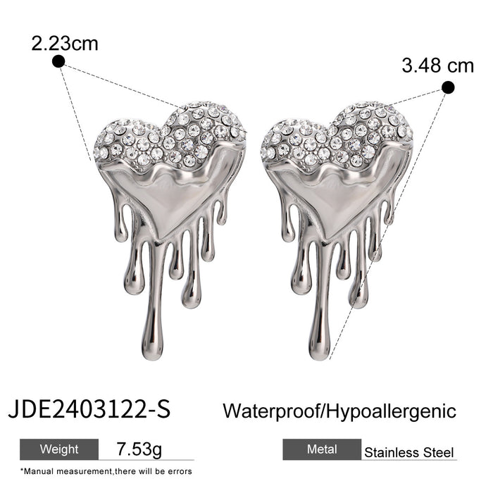 Original Design 18K Gold Stainless Steel Heart-Shaped Flowing Liquid Earrings with Diamonds