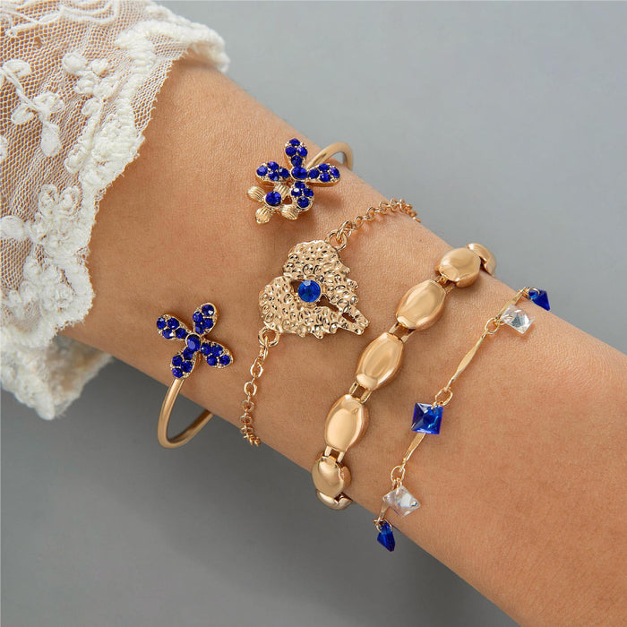 Blue Tone Heart and Butterfly Rhinestone Bracelet Set - Evil Eye Design