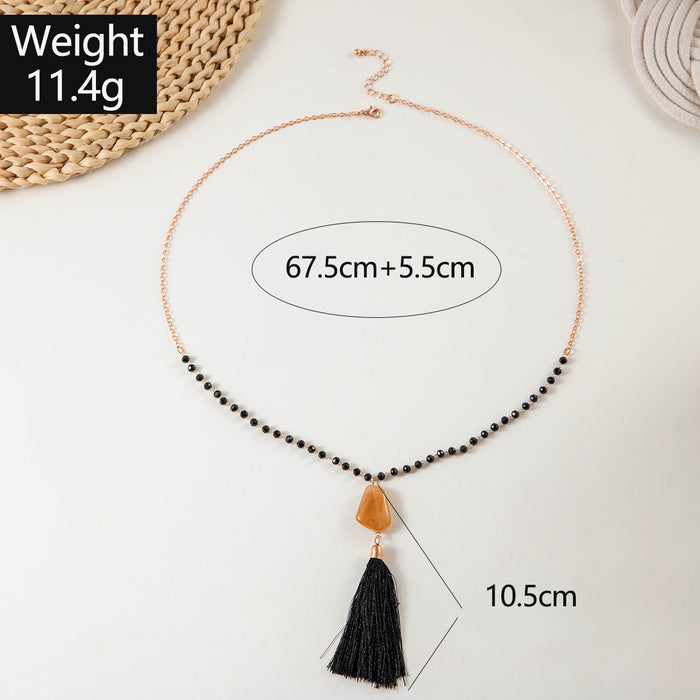 Geometric Beaded Long Necklace with Tassel Pendant