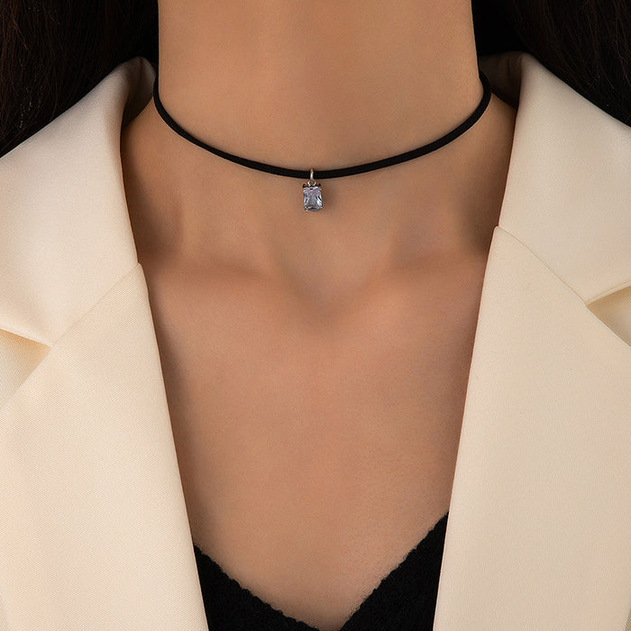 Black Rope Choker Necklace with Square Pendant - Simple and Versatile Accessory