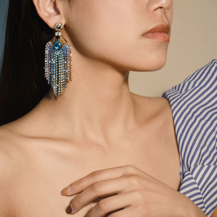 Blue Triangle Rhinestone Earrings - Exaggerated Tassel Jewelry for a Chic Look