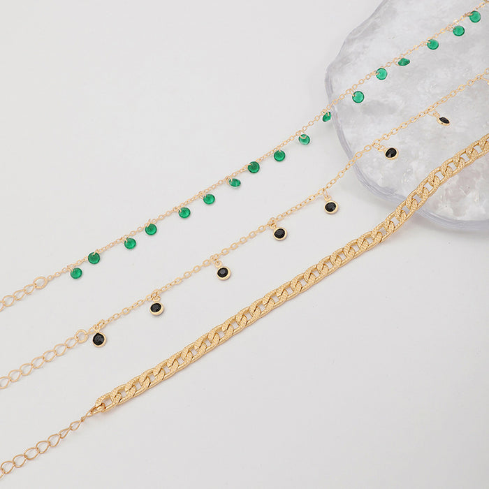 Green Rhinestone Tassel Anklet Set - Multilayer Geometric Jewelry