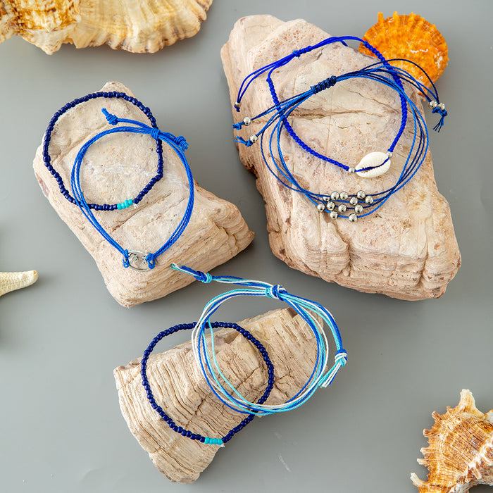 Bohemian Shell and Blue Bead Bracelet Set with Starfish Charm - Four Pieces