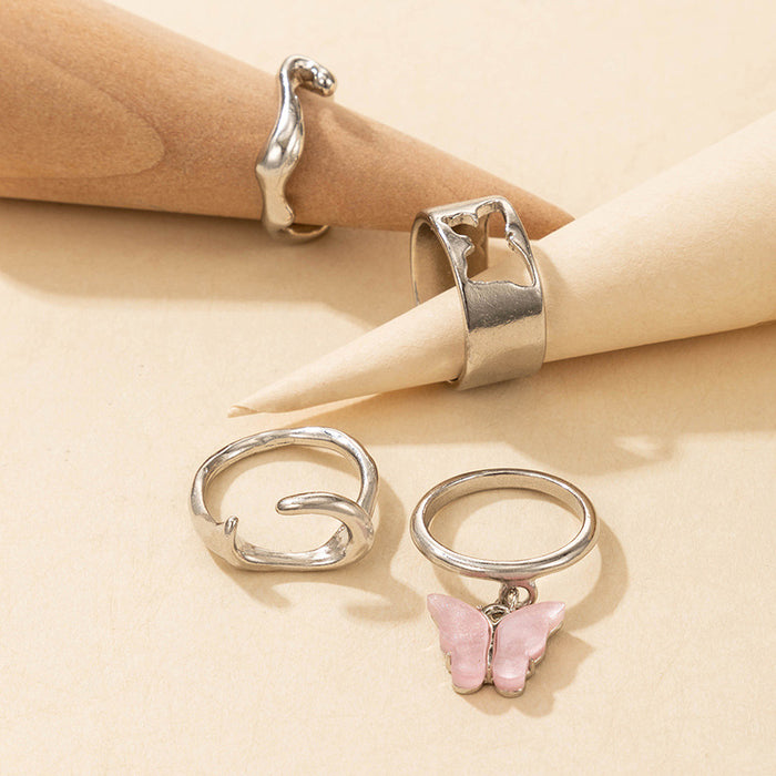 Acrylic Hollow Pink Butterfly Geometric 4-piece Ring Set