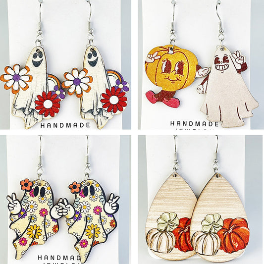 Autumn Floral Ghost Earrings with Bohemian Pumpkin and Thanksgiving Designs