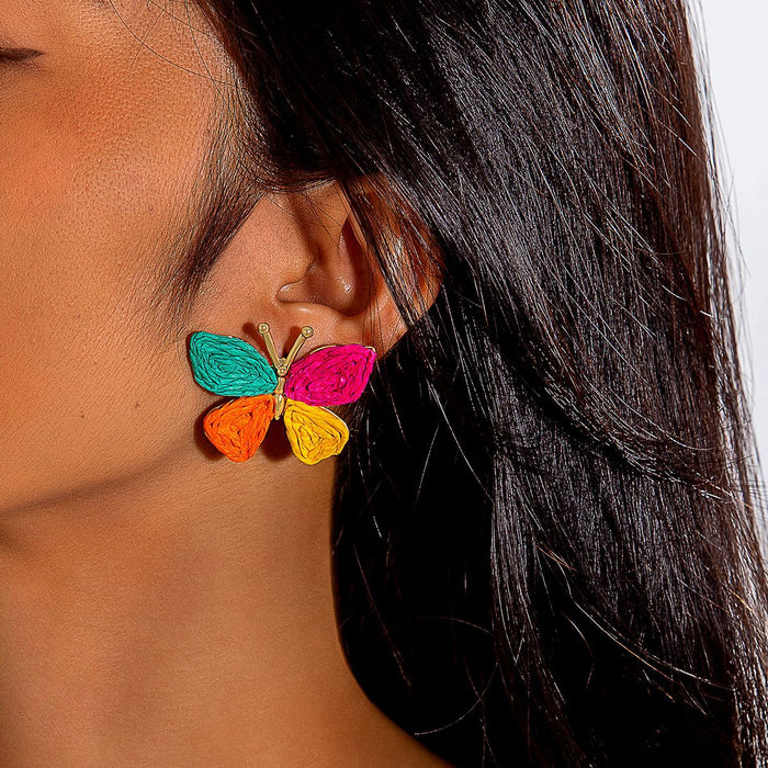 Bohemian colorful woven raffia butterfly earrings holiday style earrings