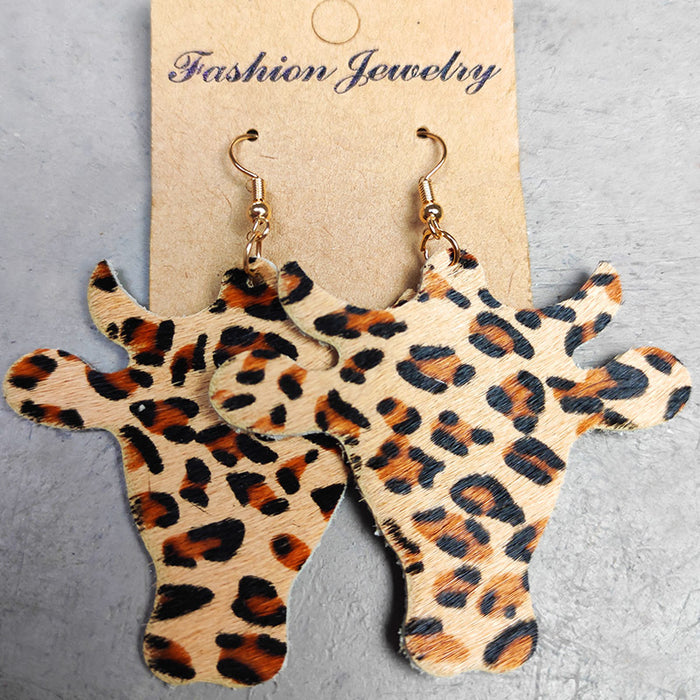 Simple Cow Print Leather Earrings with Bullhead Design