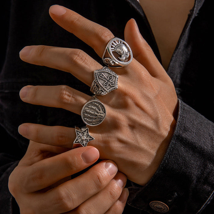 Vintage Punk Hip-Hop Open Alloy Ring Set - Bold Men’s Four-Piece Ring Set