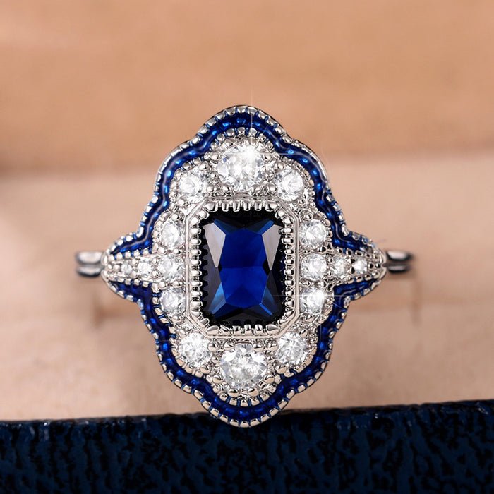 Peacock blue oil drop ring hollow lace thin circle women's ring