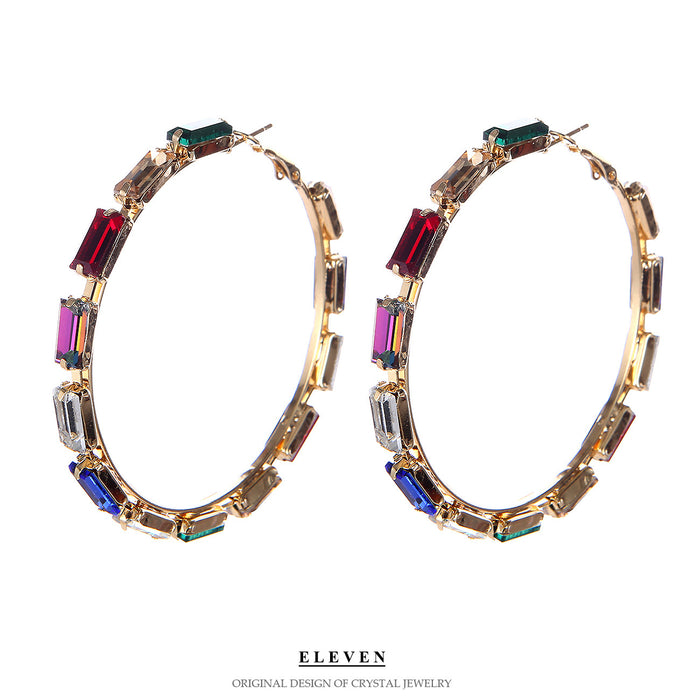 Colorful Rhinestone Hoop Earrings - Exaggerated Punk Jewelry for a Bold Look