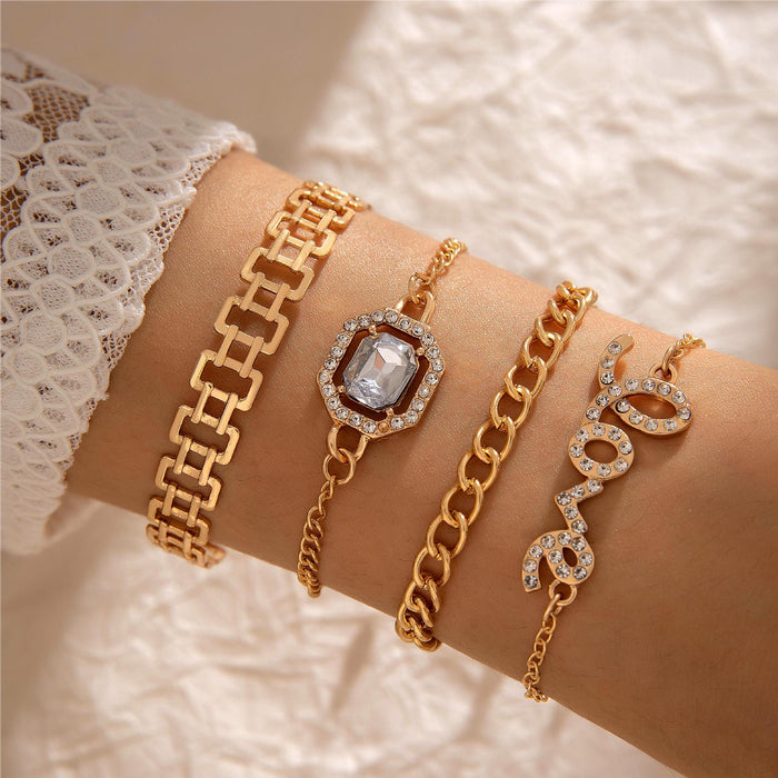 Conjunto de pulseras de diamantes de imitación con letras de amor de lujo nuevo de estilo europeo: joyería de cadena geométrica