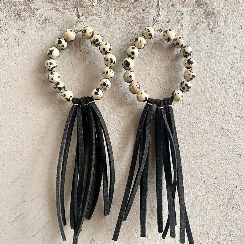 Natural Stone Bead and Leather Tassel Earrings with Western Texas Style