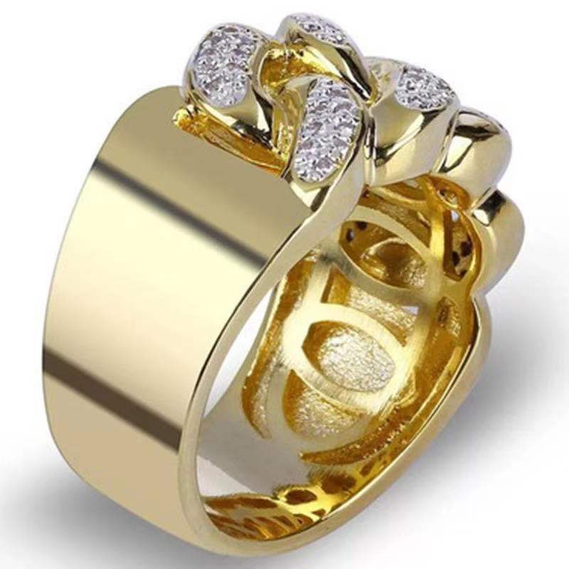 Anillo de cadena creativo con diamantes bañados en oro para hombre, joyería de mano