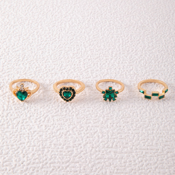 Emerald Heart Gemstone Ring Set - 4pcs Stylish Rings