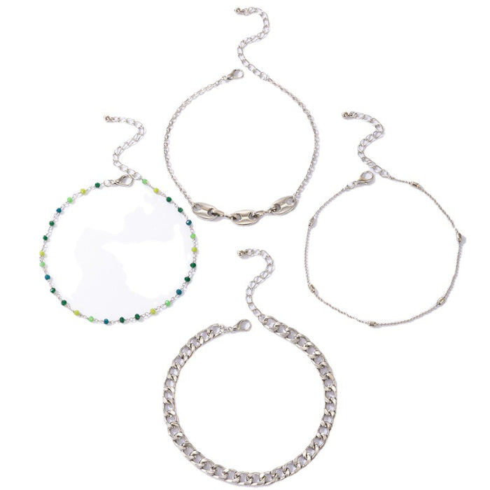 Seed Bead Metal Chain Anklet Four-Piece Set with Fashion Multi-Layer Chain