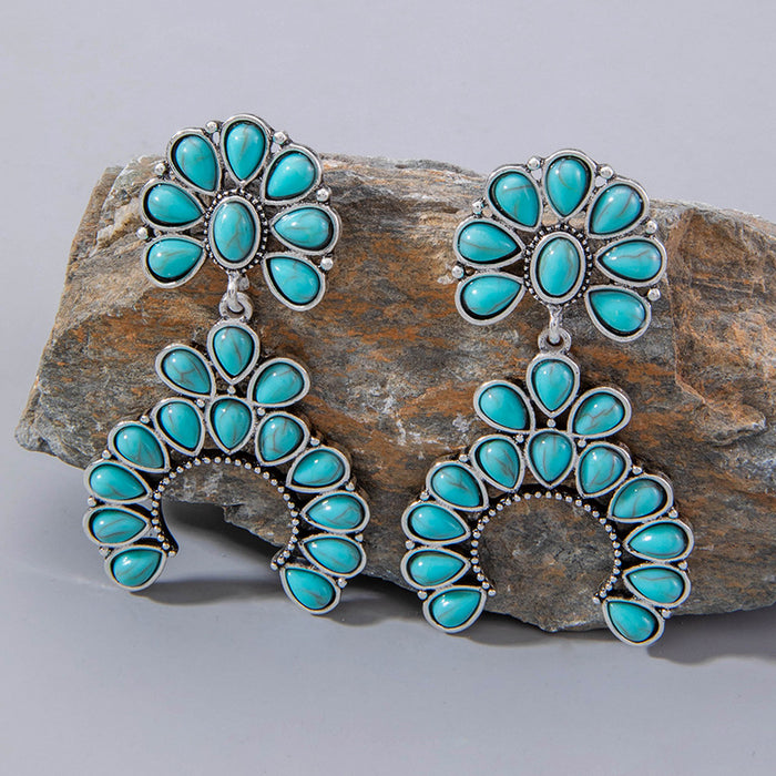 Turquoise earrings vintage fan-shaped hollow earrings