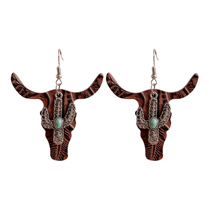 Vintage Embossed Leather Bullhead Earrings with Western Cactus Design