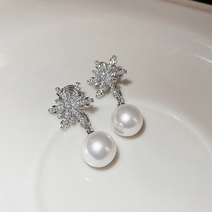 Crystal Snowflake Pearl Earrings Snowflake Design Fashion Earrings