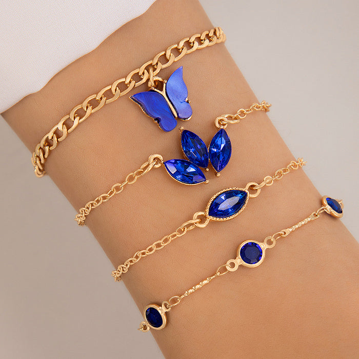 Blue Butterfly and Gemstone Bracelet Set – Four-Piece Open Cuff Jewelry