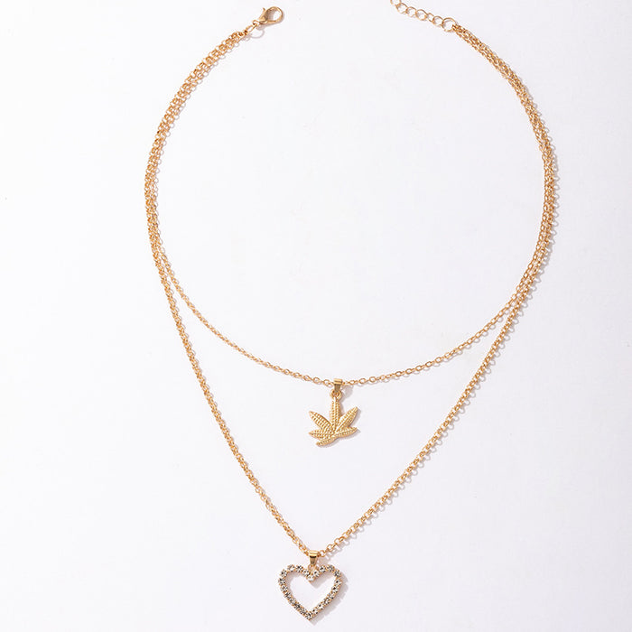 Diamond Heart Double Layer Necklace with Geometric Maple Leaf Multi-Layer Design