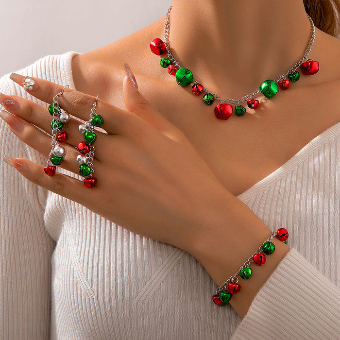 Christmas Jingle Bell Necklace and Bracelet Set - Festive Three-Piece Jewelry