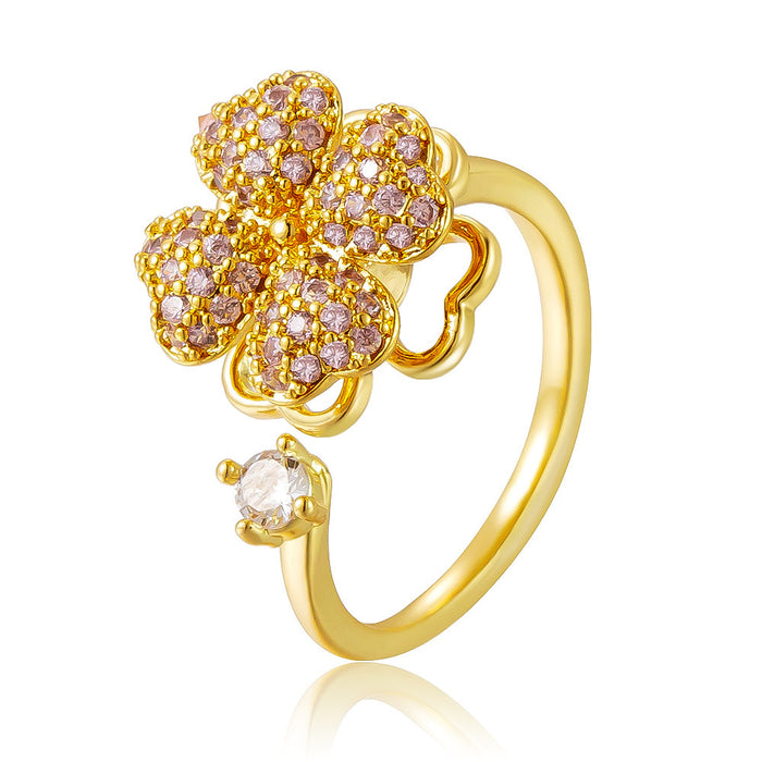 Wholesale copper heart-shaped four-leaf clover rotating open rings set with pink diamonds