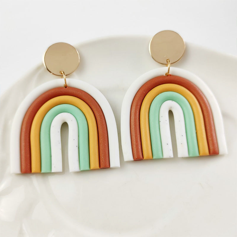 Colorful U-Shaped Clay Earrings - Trendy Rainbow Geometric Design