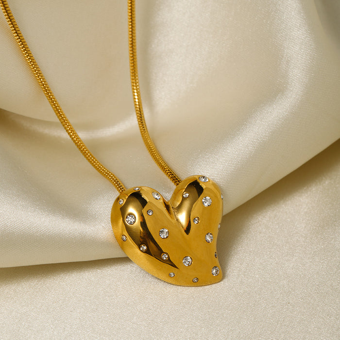 18K Gold-Plated Stainless Steel Heart Pendant Necklace with White Diamond Inlay