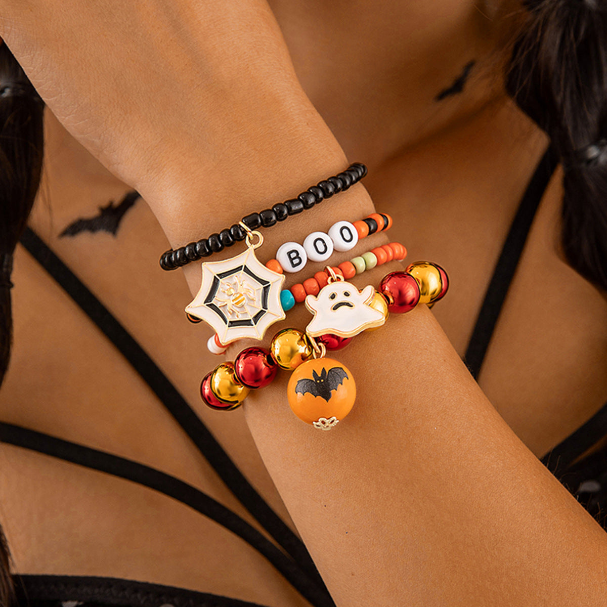 Halloween Skull and Evil Eye Bracelet Set – Spooky Drip Oil Design