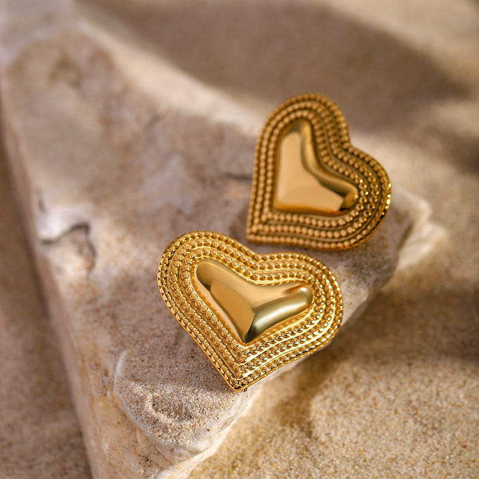 18K Gold Plated Stainless Steel Heart Earrings with Surrounding Beads - Trendy Fashion Jewelry