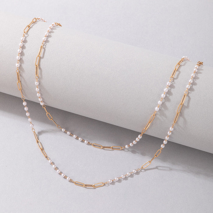 Pearl Beaded Double-Layer Necklace - Alloy Geometric Multilayer Choker