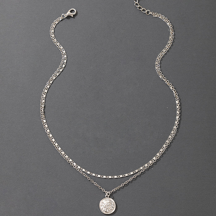 Human Face Multi-Layer Necklace with Metal Round Disc Double Layer Design