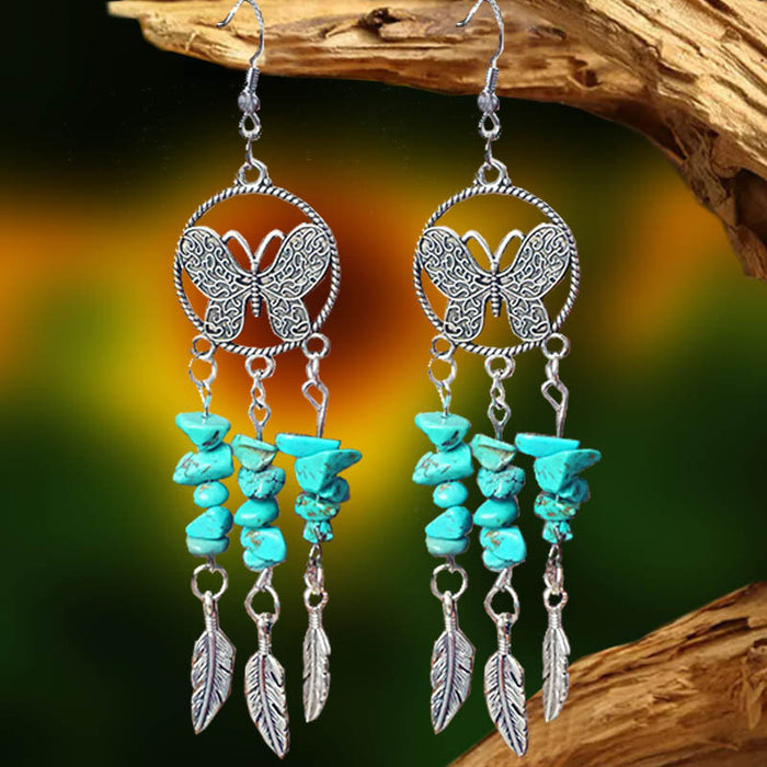 Antique Silver Plated Feather Earrings with Stone and Bohemian Ethnic Style