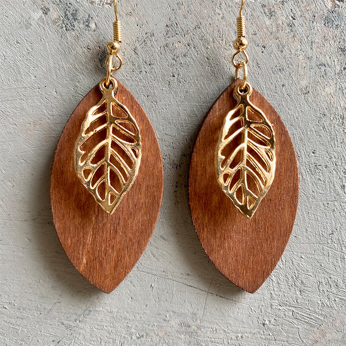 Wooden hollow leaf earrings