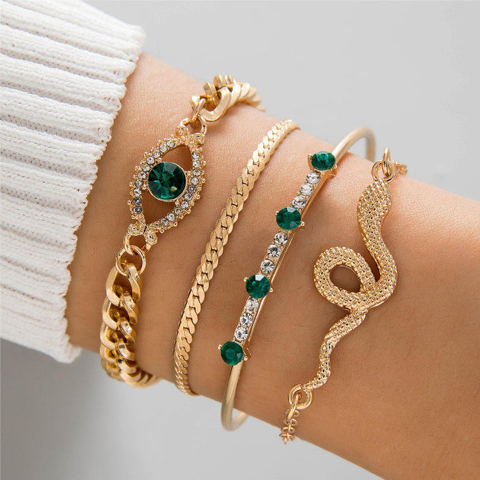 Unique Serpentine Green Gemstone Bracelet Set - Fashionable Retro Style