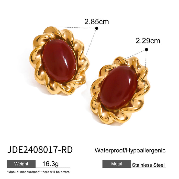 Retro stainless steel red agate gem earrings, heavy-duty twisted braided pendant design