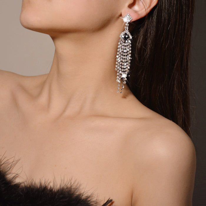 Geometric Rhinestone Tassel Earrings - Runway-Style Statement Jewelry