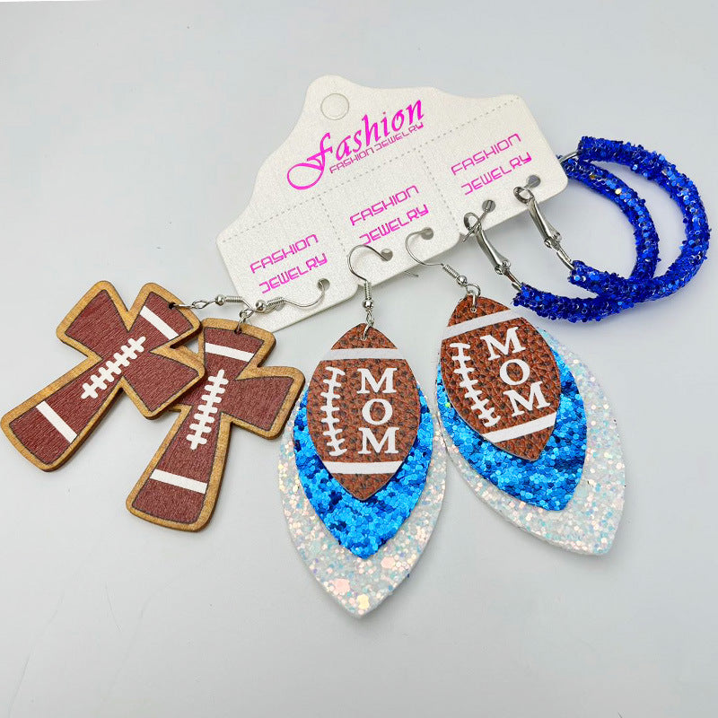 Football Mom Leather Earring Set with Cross and Glitter Hoop Design