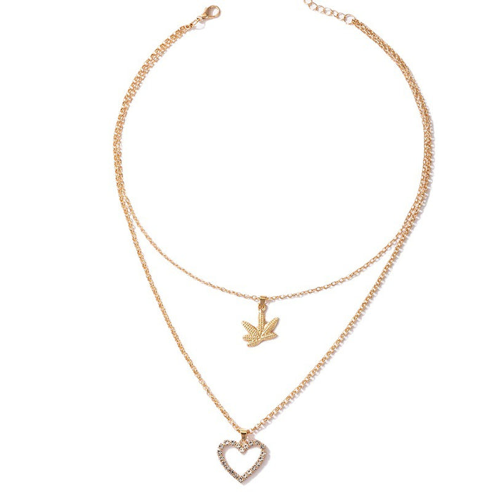 Diamond Heart Double Layer Necklace with Geometric Maple Leaf Multi-Layer Design