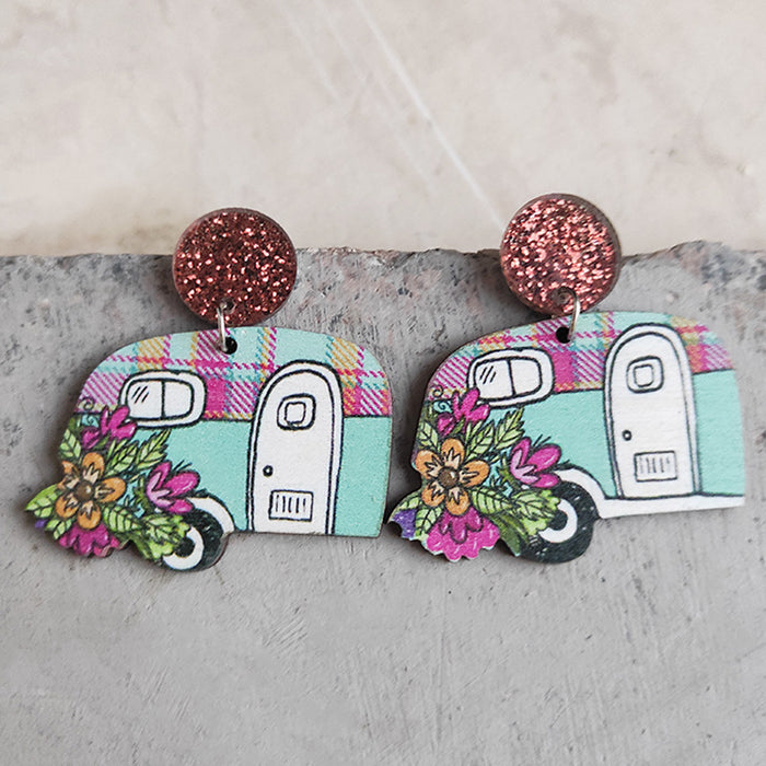 Wooden patriotic school bus earrings