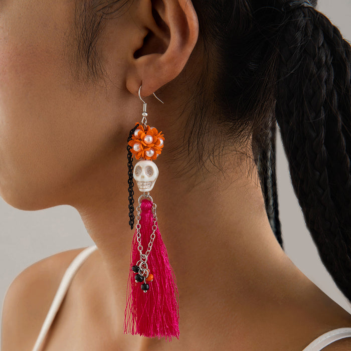 Halloween funny skull tassel rice bead earrings personality creative flower earrings for women