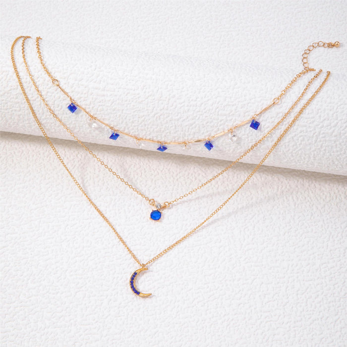 Sapphire Crescent Moon Pendant Necklace with Triple Layers