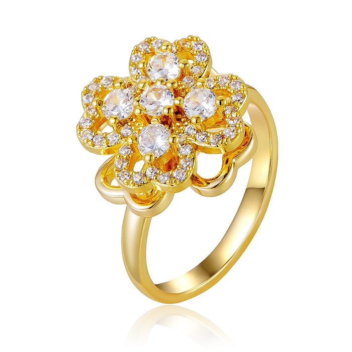 Wholesale micro-painted zircon and pearl four-leaf clover rotating open ring