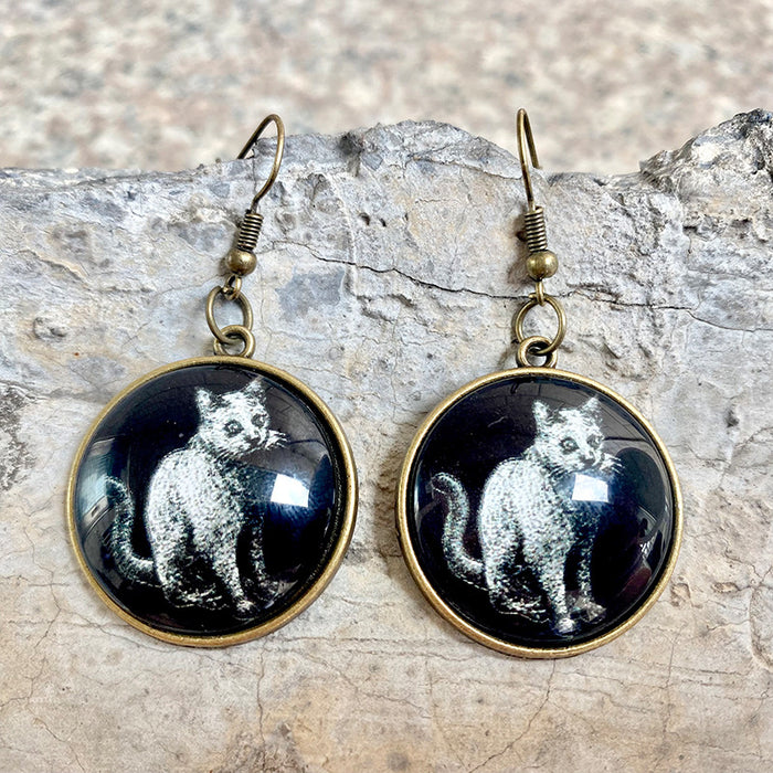 Vintage Glass Earrings with Crow, Black Cat, and Skull for Halloween