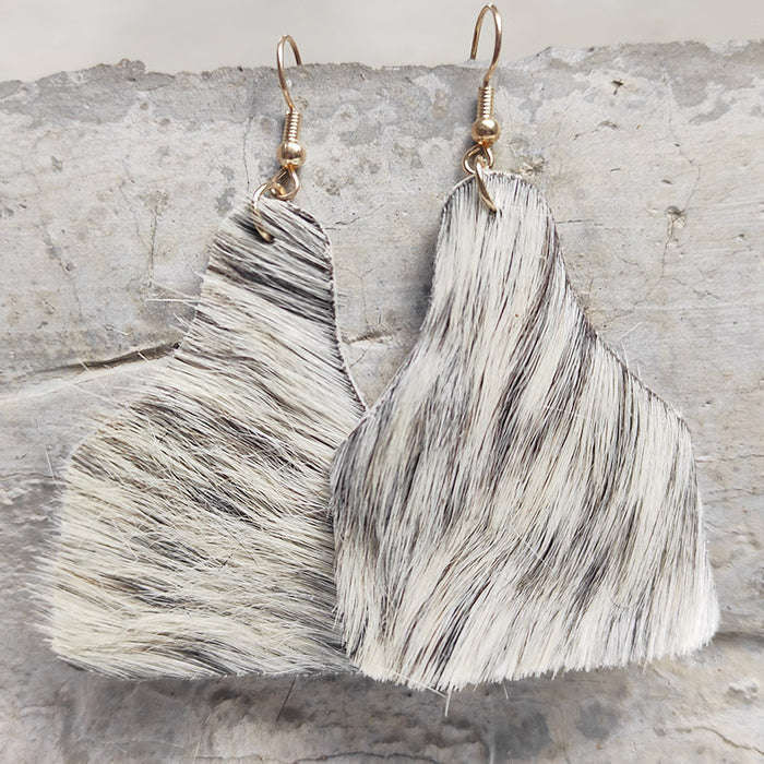 Long Hair Leather Southwestern Style Cow Tag Earrings with Western Cowboy Design