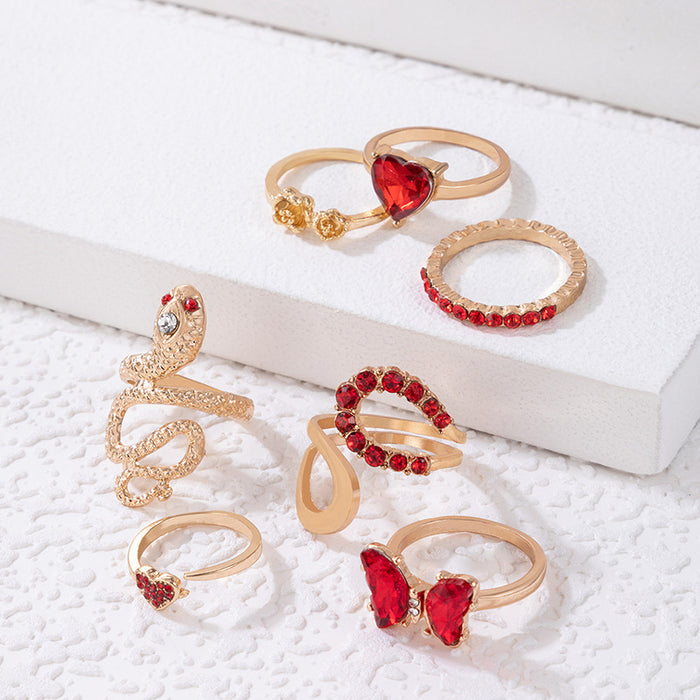 Butterfly Heart Snake Gemstone Ring Set - 7pcs Geometric Red Tone Rings