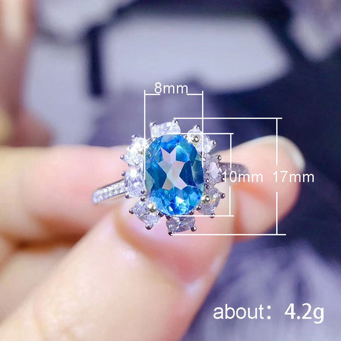 Colored Gemstone Series Ring Sea Blue Zircon Women's Ring Fashionable Tik Tok Live Broadcasting Model